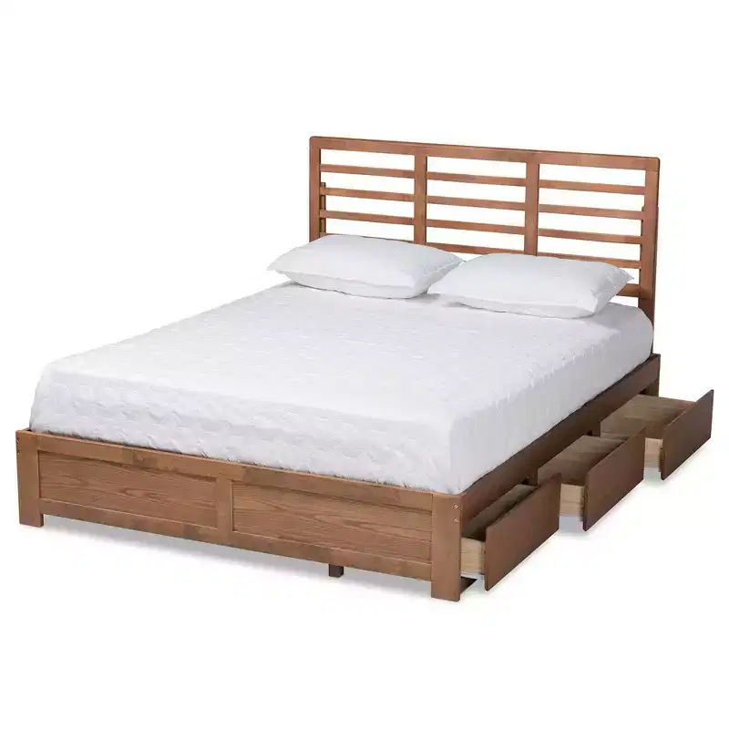 Full Piera Modern Wood 3 Drawer Platform Storage Bed Walnut/Brown - Baxton Studio