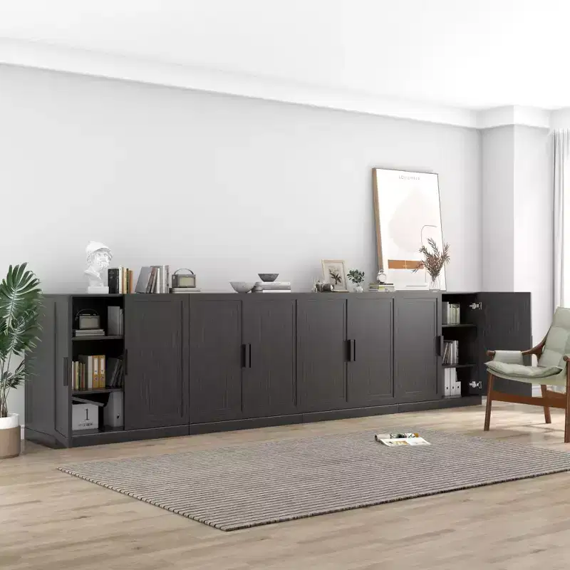 31x124x16 Wood Accent Cabinet in Black, Storage Organizer with Adjustable Shelves for Kitchen Bedroom Entryway Living Room Dinning Room