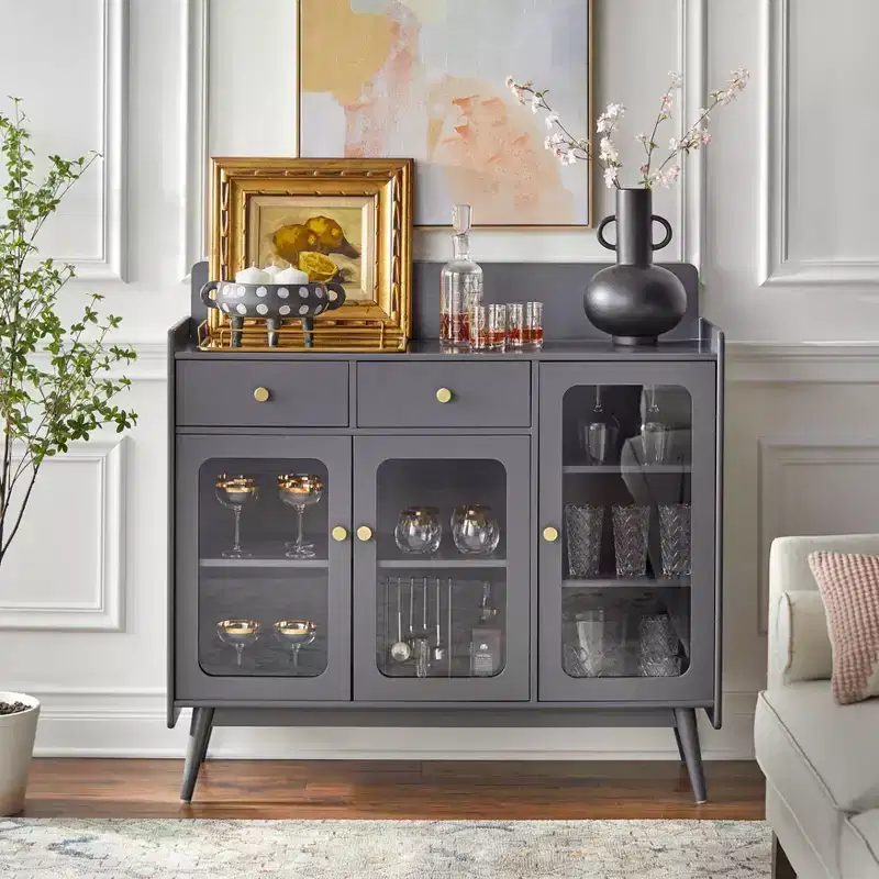 Mid-Century Sideboard with Glass Doors, 2 Drawers and 5 Shelves
