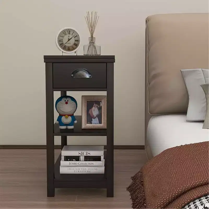 Narrow Side Table, Flip Over Design with Drawers & Bottom Partition, Brown