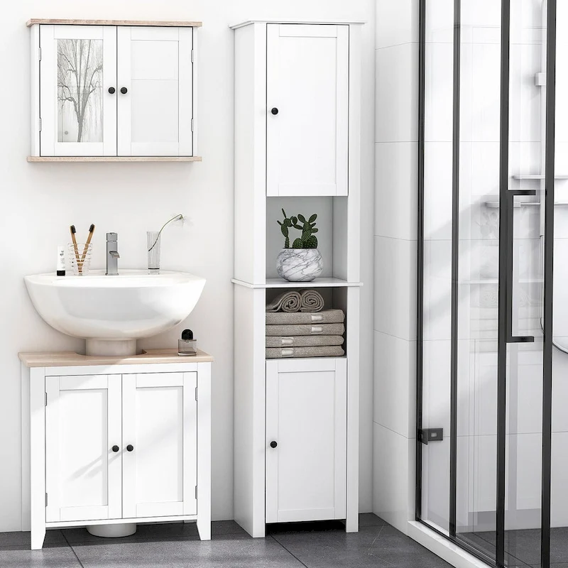 Tall Freestanding Linen Tower with Adjustable Shelf and Cabinets