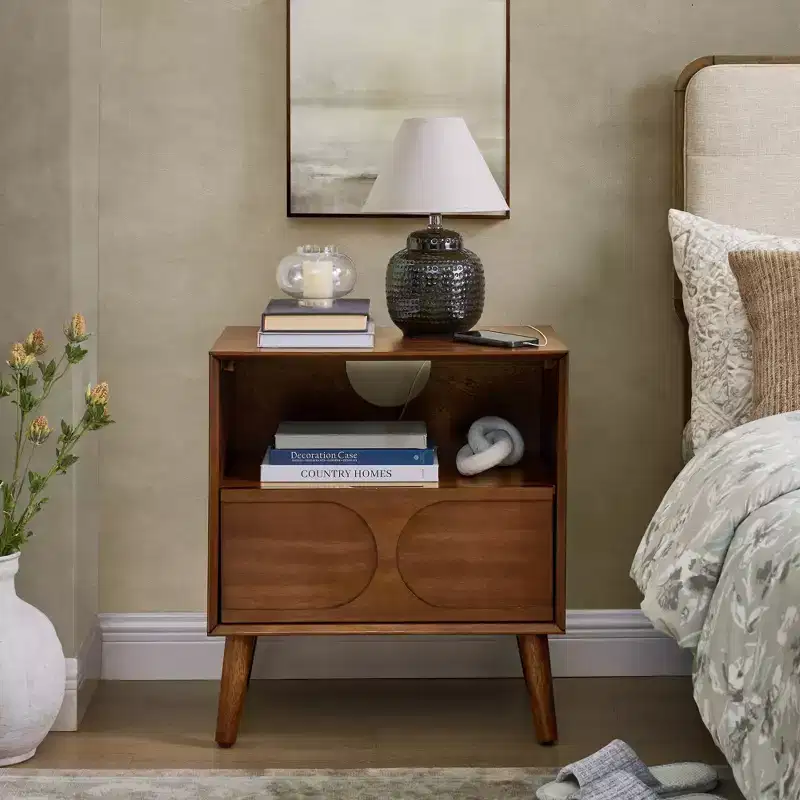 MAYEERTY Mid Century Modern Fluted Nightstands with Charging Station Solid Wood Legs with Open Space and Drawer Dresser Walnut for Bedroom