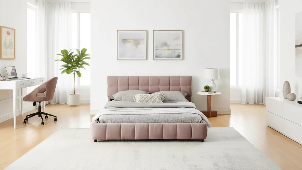 Queen Size Upholstered Bed with Headboard, Chenille Fabric Solid Bed Frame with Drawer for Bedroom, Pink
