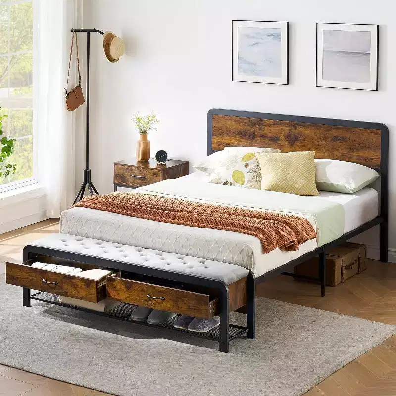 Bed Frame with Ottoman Storage Drawers, Rustic Headboard, Metal Slats, No Box Spring Required