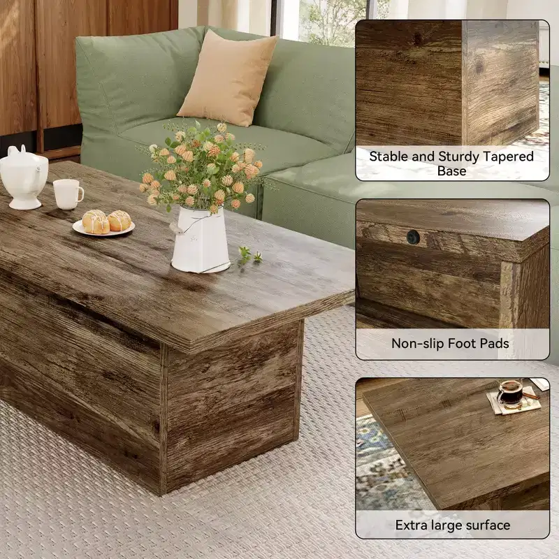 Rectangular Coffee Table, 47.25-Inch Modern Solid Wood Medium Coffee Table, Wooden Farmhouse Rustic Cocktail Coffee Table