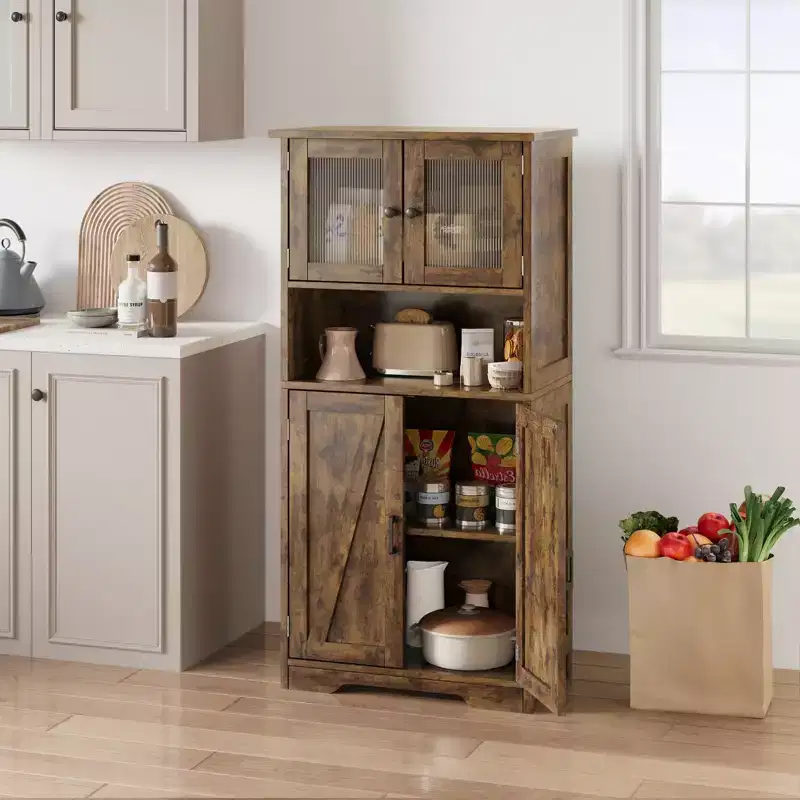 Hutch Bar Cabinet with Glass Doors, 54 Tall Pantry Storage Cabinet with Adjustable Shelves for Living Room