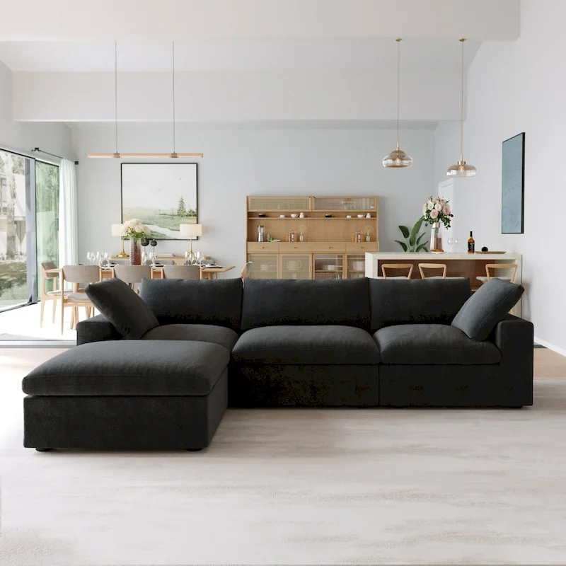 Black Down Filled Overstuffed Sectional Sofa with Ottoman