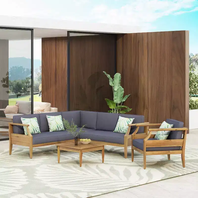 Christopher Knight Home Aston Acacia Wood Outdoor 5 Seater Sectional Chat Set with Club Chair, Teak and Dark Gray