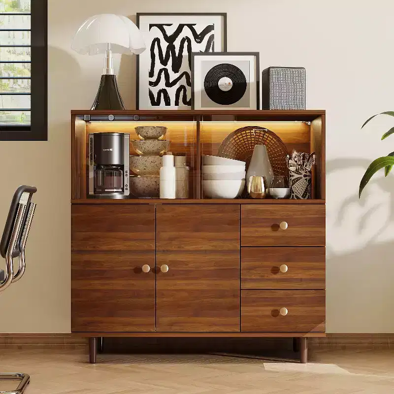 Famapy Vintage Style Side Storage Cabinet Buffet Accent Cabinet with LED Lighting and Acrylic Sliders for Display and Organization