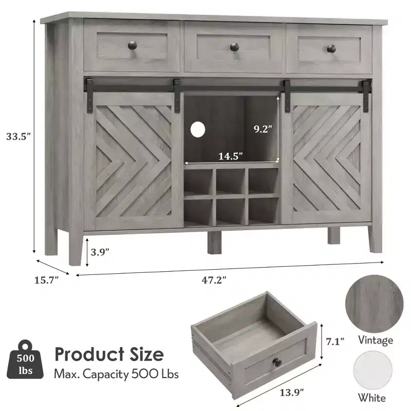 Garvee Farmhouse 47.2'' Buffet Cabinet with Sliding Barn Door, 33.4'' Tall Rustic Sideboard with 3 Drawer, Gray