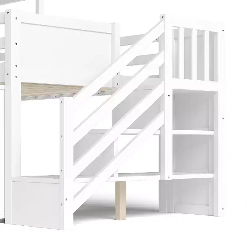 Wood Twin Loft Bed with Slide, Removable Desk & Storage Stairs