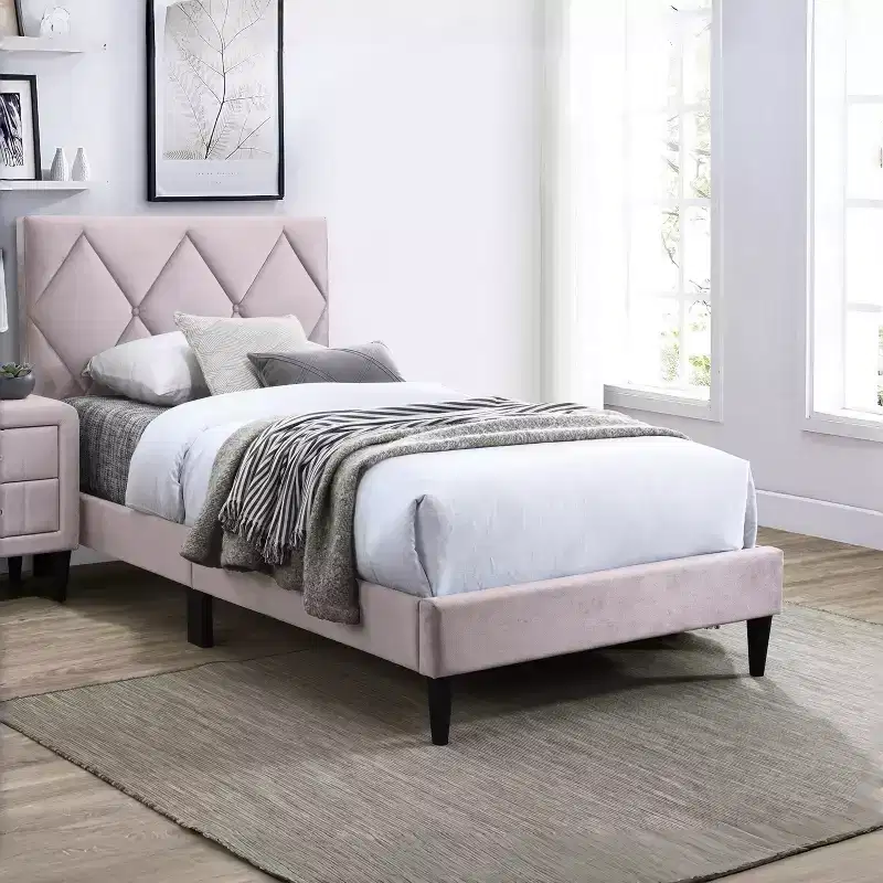 Modern Velvet Upholstered Platform Bed Frame with Adjustable Headboard