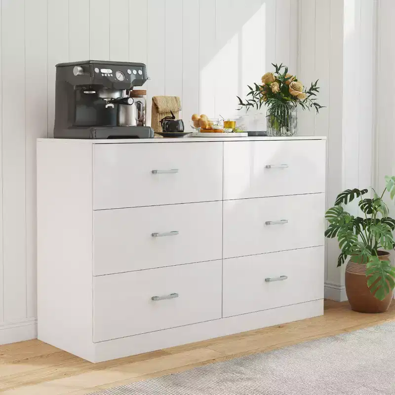 6-Drawer White Wooden Dresser Horizontal Wide Bedroom Storage Furniture
