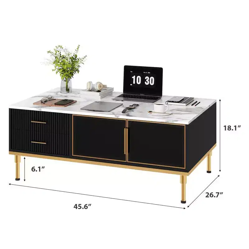 Large Coffee Table, Faux Marble Top, 4 Drawers & Glass Doors, Fluted Panel, White & Gold