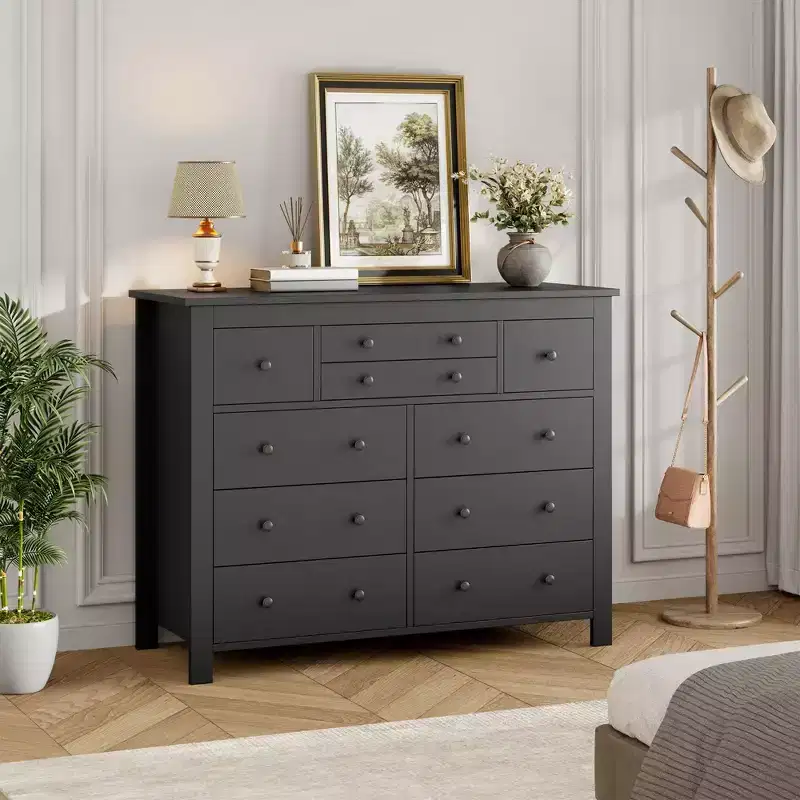 10-Drawer Dresser with Rattan Detail and Open Shelf