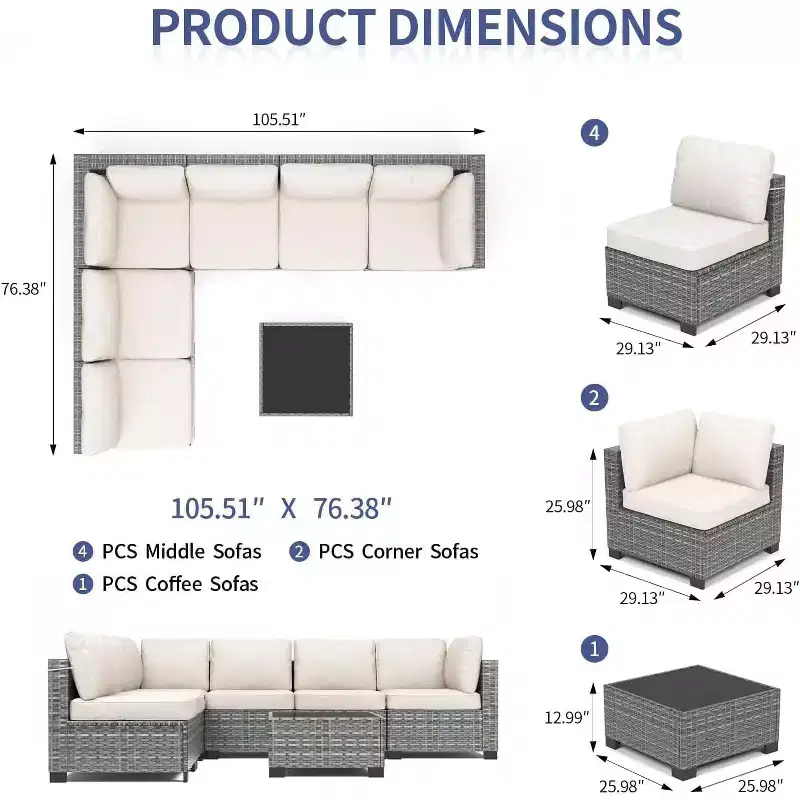 7 PCS Outdoor Patio Furniture Set, Wicker Sectional Sofa Set Rattan Modular Conversation Couch Set with Cushions for Outside, Garden, Balcony, Porch