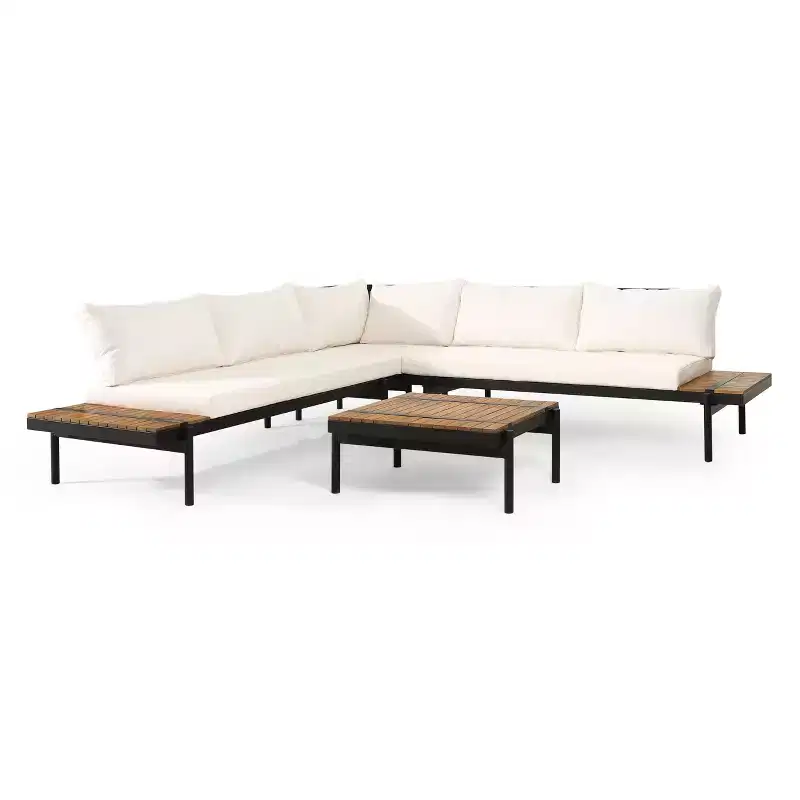 GDFStudio Cody Outdoor Acacia Wood and Iron 5 Seater Sectional Sofa Set with Cushions, Teak, Black, and Cream