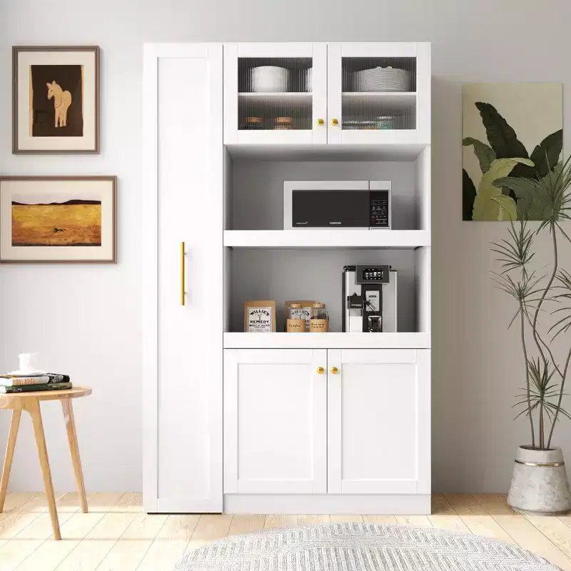 43W Multifunctional Kitchen Pantry Storage Cabinet with Pull-out Multi-tier Shelf and 4 Doors, White