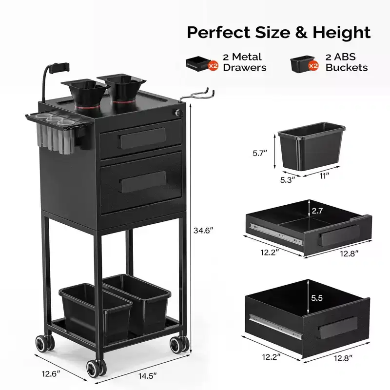 Metal Rolling Salon Trolley Cart with 2 Lockable Drawers
