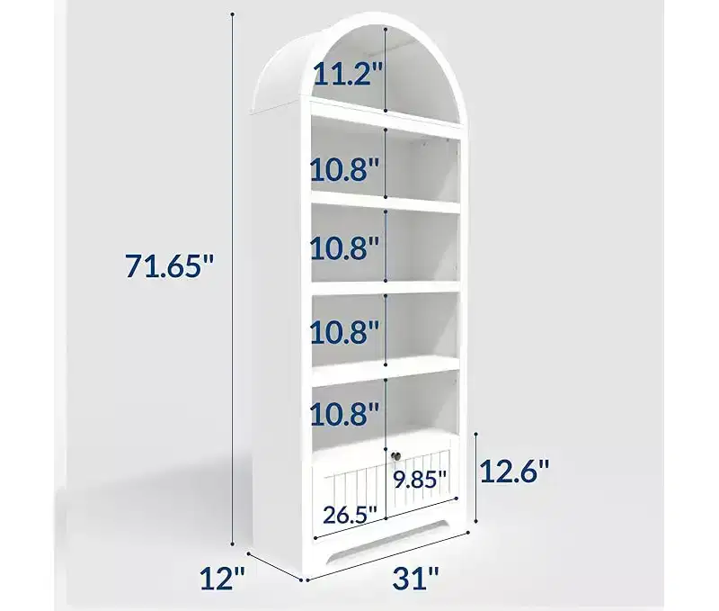 71 in Tall Arched Pantry, 6-Tier Freestanding Storage Cabinet with Drawer, Modern White Book Shelf with Open Shelves for Living Room