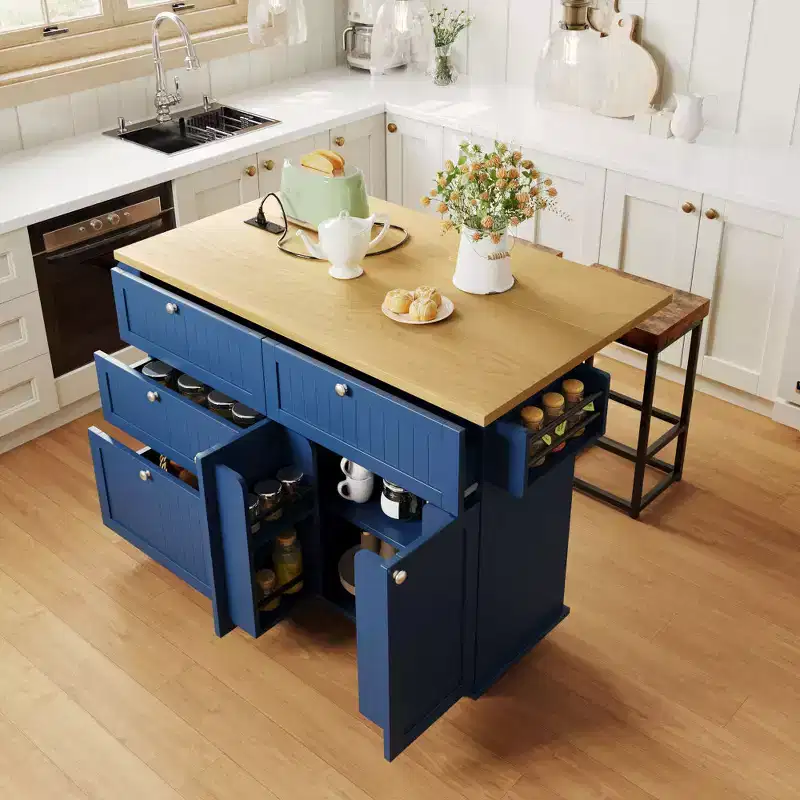 Farmhouse Kitchen Island with Drop Leaf, Drawers, Power Outlet and 2 Seats