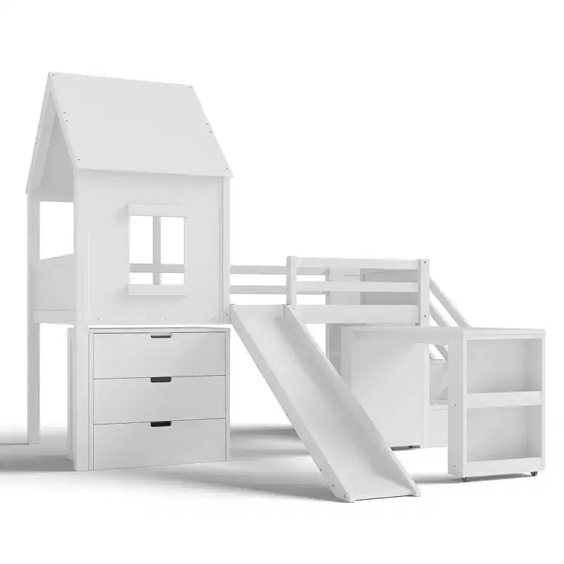 Wood Twin Loft Bed with Slide, Removable Desk & Storage Stairs