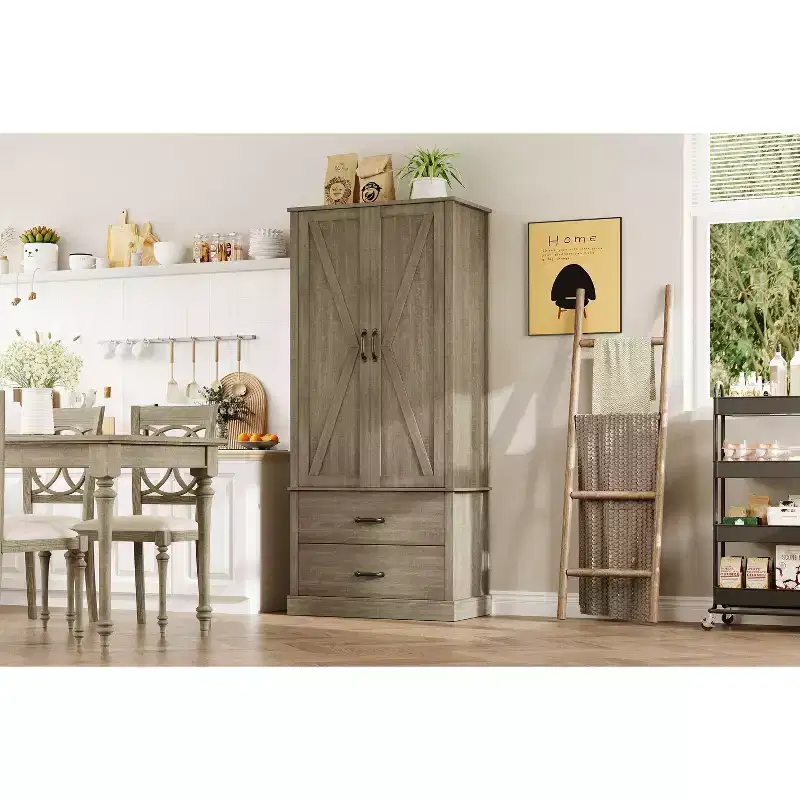 Farmhouse Kitchen Pantry Cabinet,Wood Kitchen Cabinet with Barn Door,Drawers and Adjustable Shelf, Storage for Dining Room,Living Room,Office