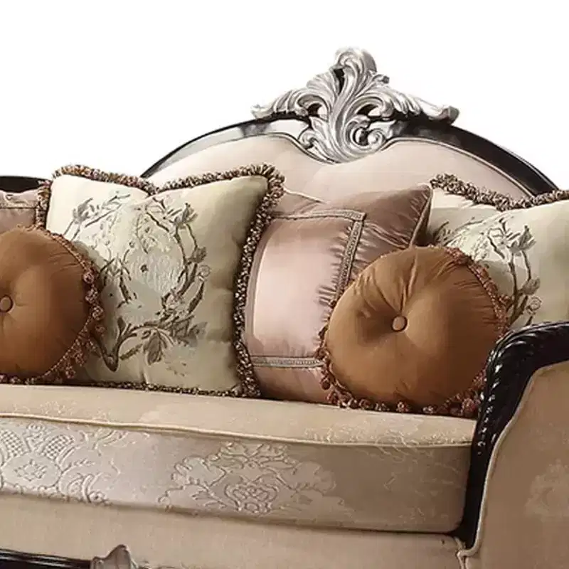 75" Ernestine Sofa Tan Fabric and Black Finish : Traditional Loveseat, Removable Cushions, 3 Accent Pillows