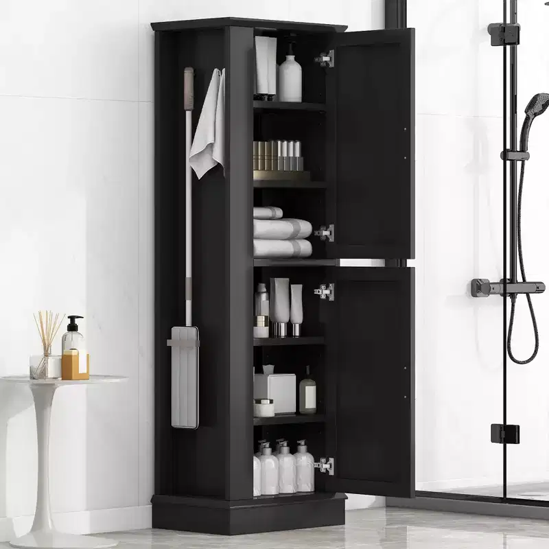 Tall Bathroom Storage Cabinet Freestanding Storage Cabinet with Hook and Adjustable Shelf MDF Board White