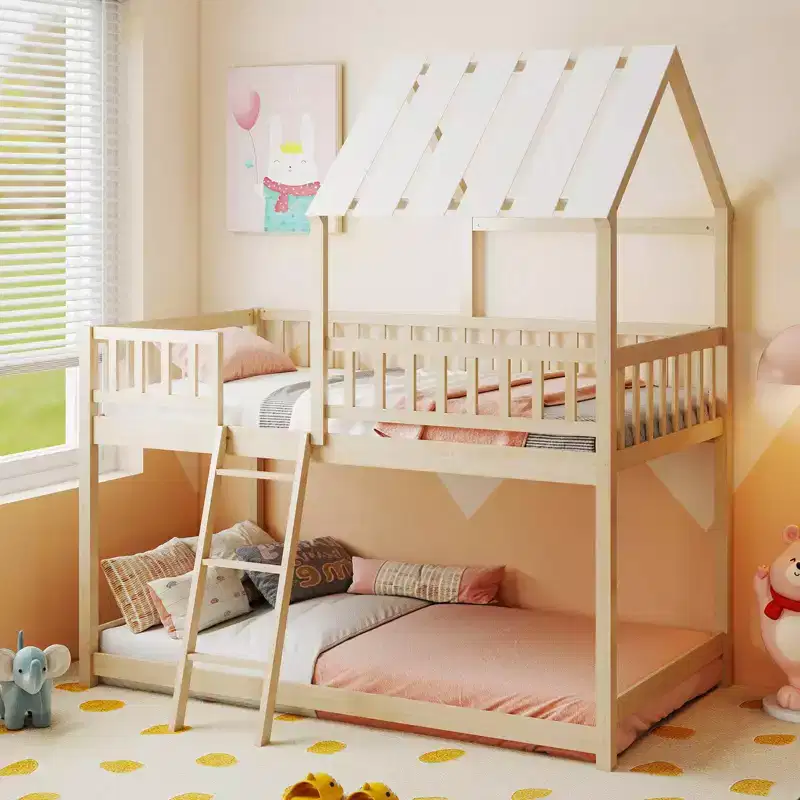 Costway Twin Over Twin House Bunk Bed with Roof, Ladder & Full-length Guardrails for Kids Natural/White