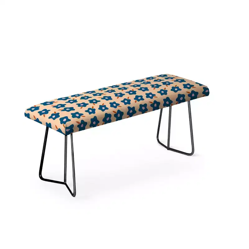 Wonky Blue Spring Flowers Upholstered Bench, Faux Leather, Steel Legs, 46