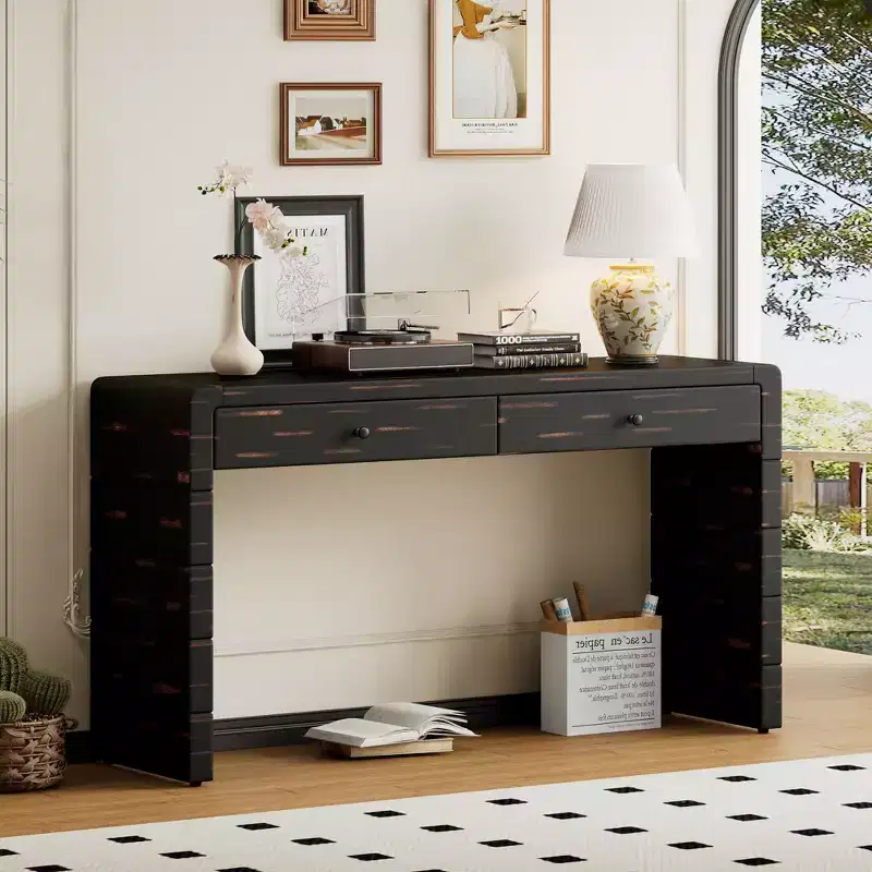 MAYEERTY Curved Console Table with Storage 2 Drawers Rustic Console Tables for Entryway Hallway Black