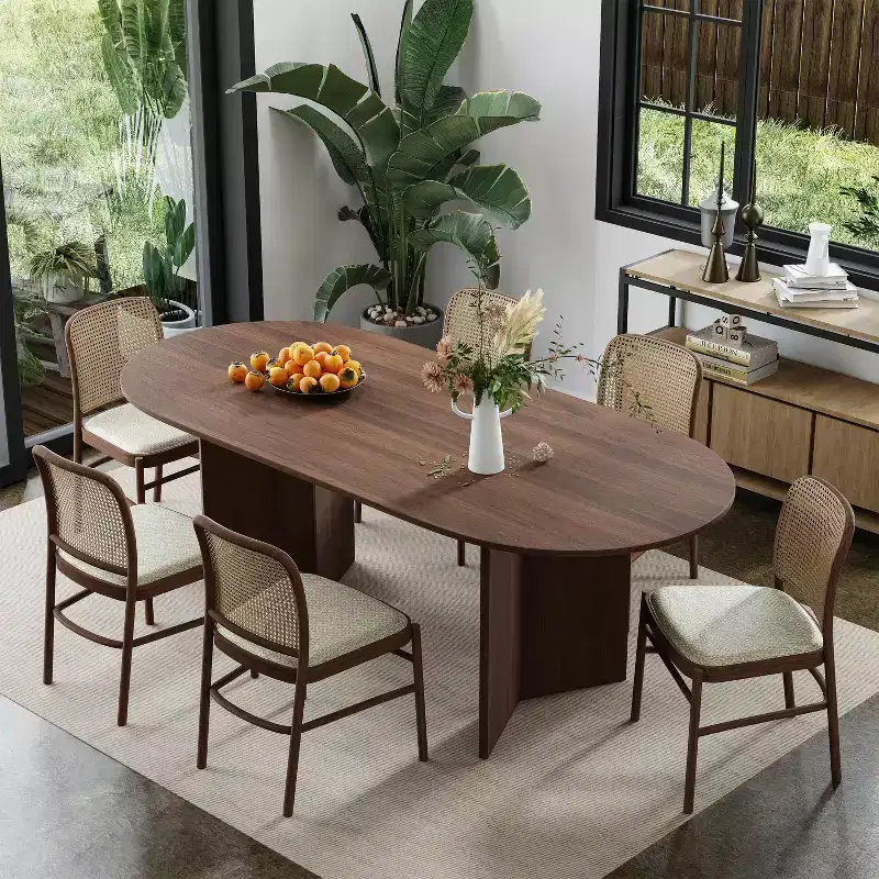 PexFix 67 x 33.5 Solid Wood Farmhouse Dining Table with V-Shaped Legs and Oval Wood Top for Modern Dining Rooms & Family Gatherings Walnut