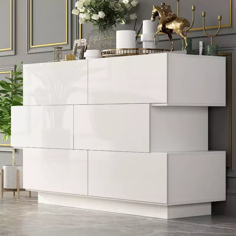 Glossy Chest of Drawers Polished 6 Drawer Dresser Modern & Contemporary Style White