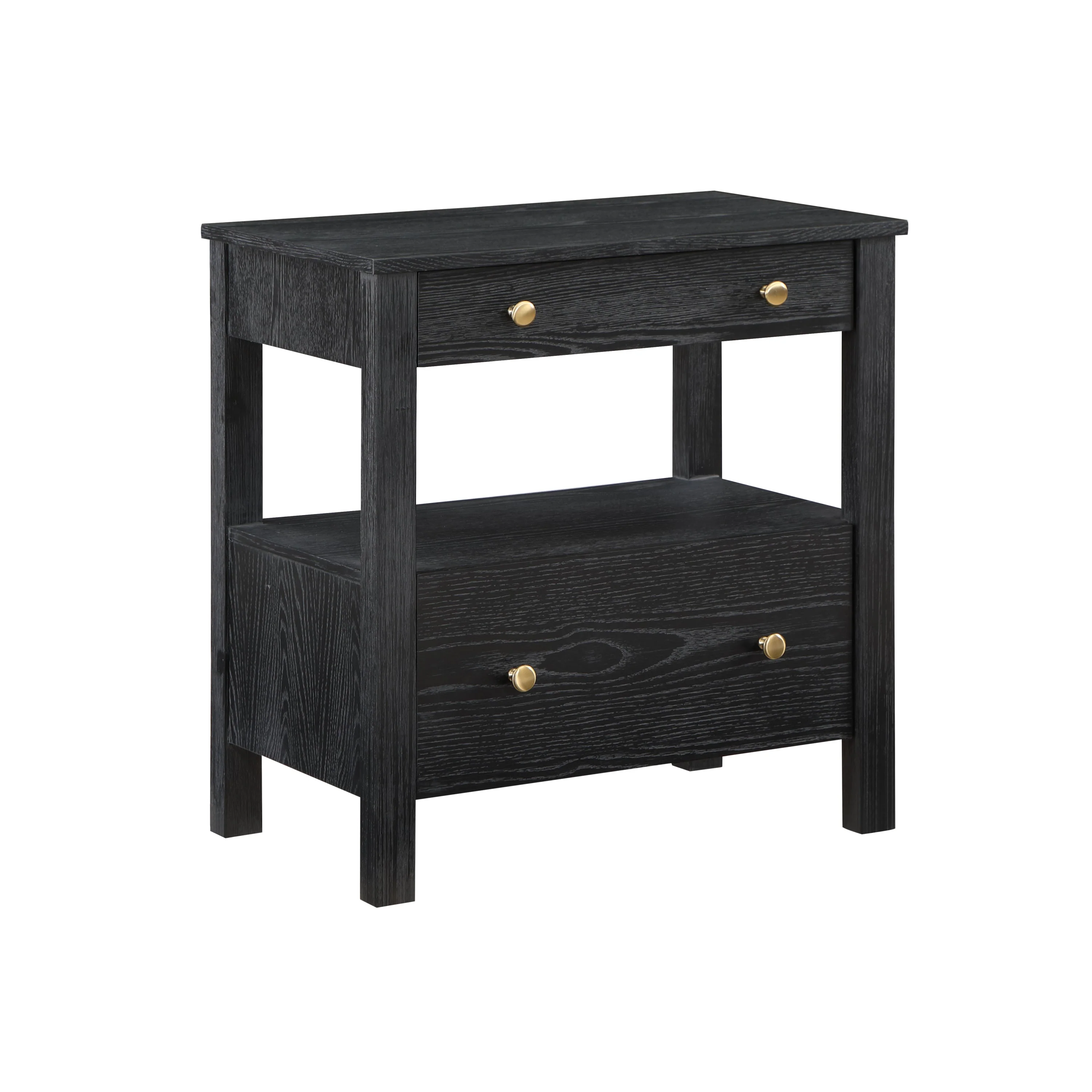 2-Drawer Oak Veneer Nightstand with Gold Knobs and Open Shelf