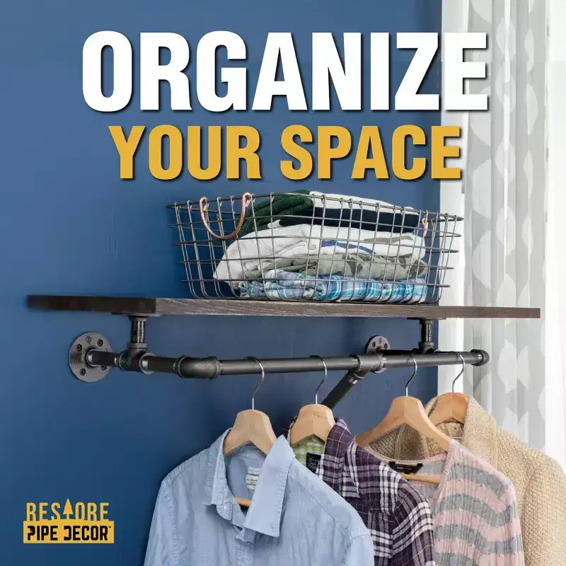 Pipe Decor 24 in. Wall Mounted Clothing Rack with Wood Shelf, Boulder Black