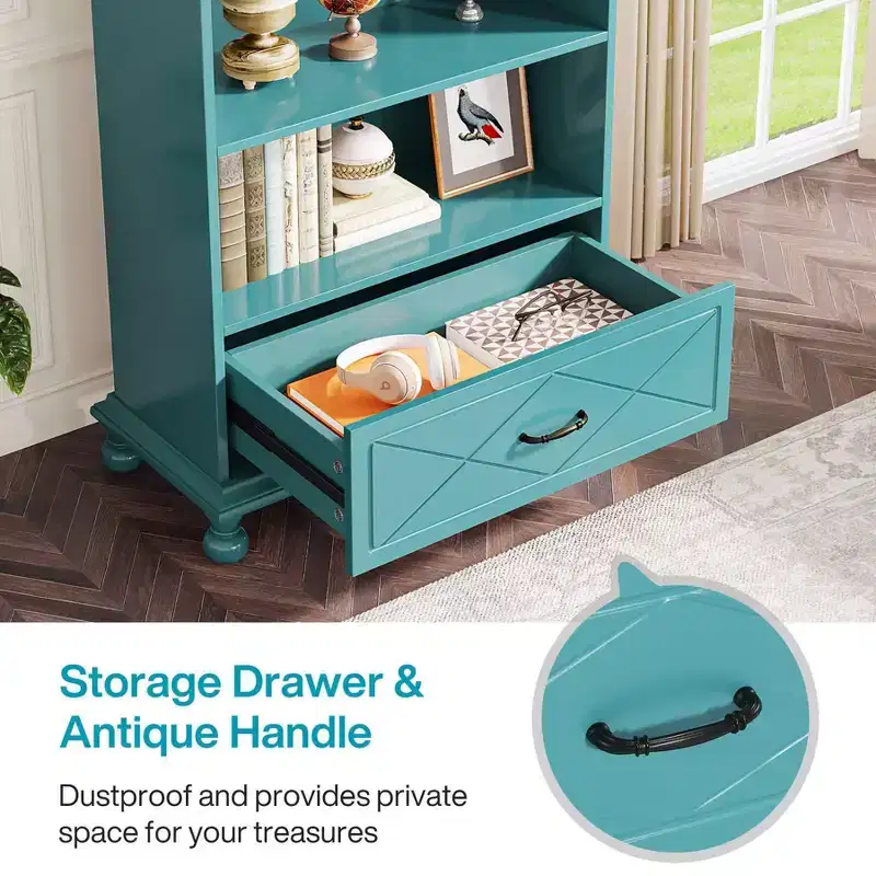 LITTLE TREE 70.87" 6 Shelf Bookcase with Drawer and Solid Wood Legs Ocean Blue