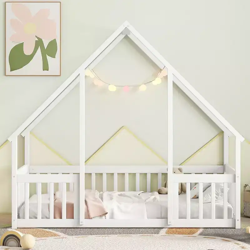MAYEERTY Twin Wood House-shaped Floor Bed with Fence, Guardrails White