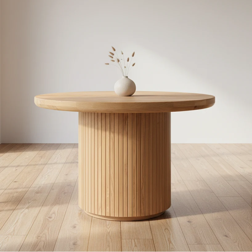 Modern wooden round coffee table with a black steel frame, suitable for the living room.