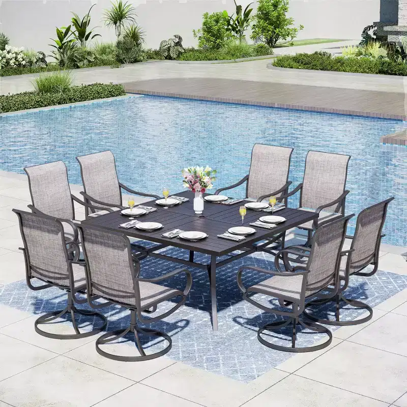 Captiva Designs 9pc Spacious Slat-top Square Metal Table with Umbrella Hole & Textilene Swivel Chairs