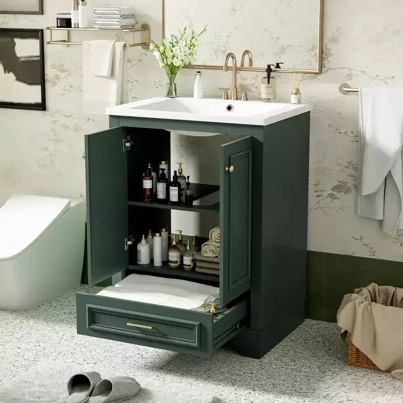 JVNOXK 24'' Bathroom Vanity with Ceramic Sink Combo, Modern Freestanding Storage Cabinet with Silver Handles, Soft Closing Doors-Green