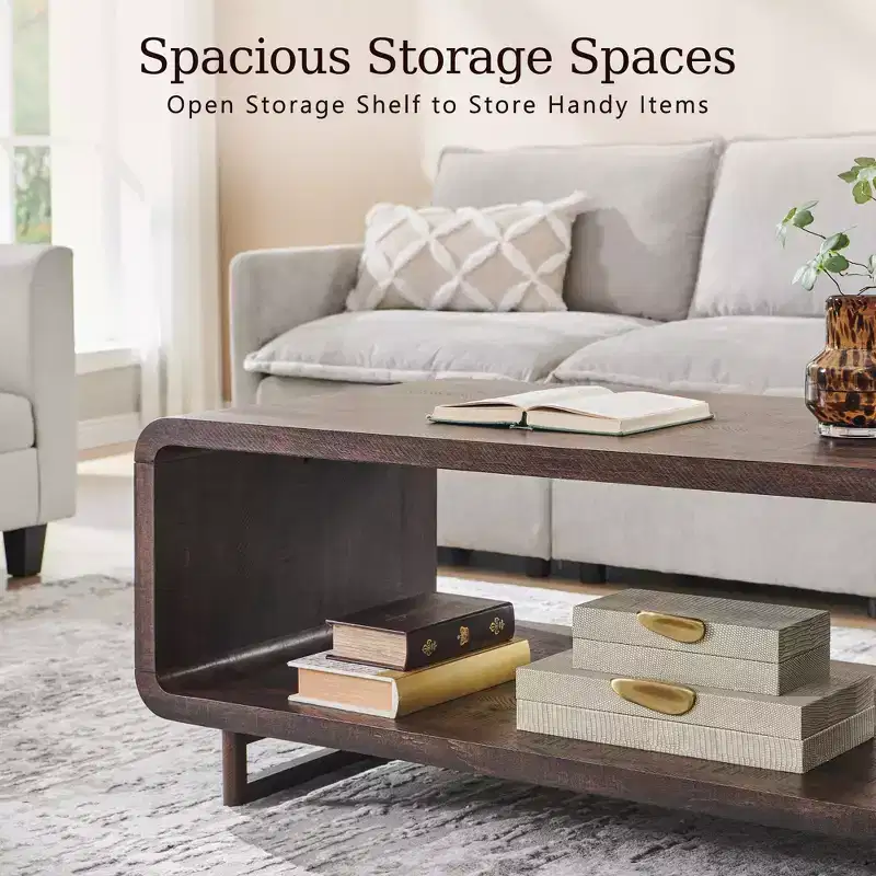 48 Coffee Table, Mondern Coffee Table with 2 Tier Storage Shelf, Wooden Rectangular Living Room Table with Wood Thick for Living Room