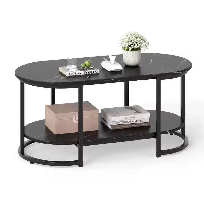 White Marble Coffee Table Modern 2-Tier Center Table with Open Storage Shelf Black Marble Pattern Black Marble Pattern/White & Gold