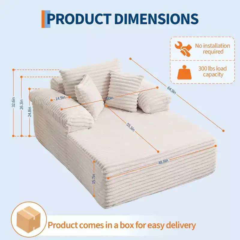 48.8 Oversized Chaise Lounge Chair Sofa Bed - Corduroy Upholstered Boneless Sofa with Pillows & Wide Armrest for Living Room Bedroom