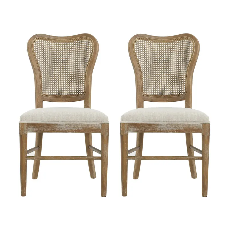 Farmhouse-style rubberwood dining chairs with rattan backrests (two chairs per set).