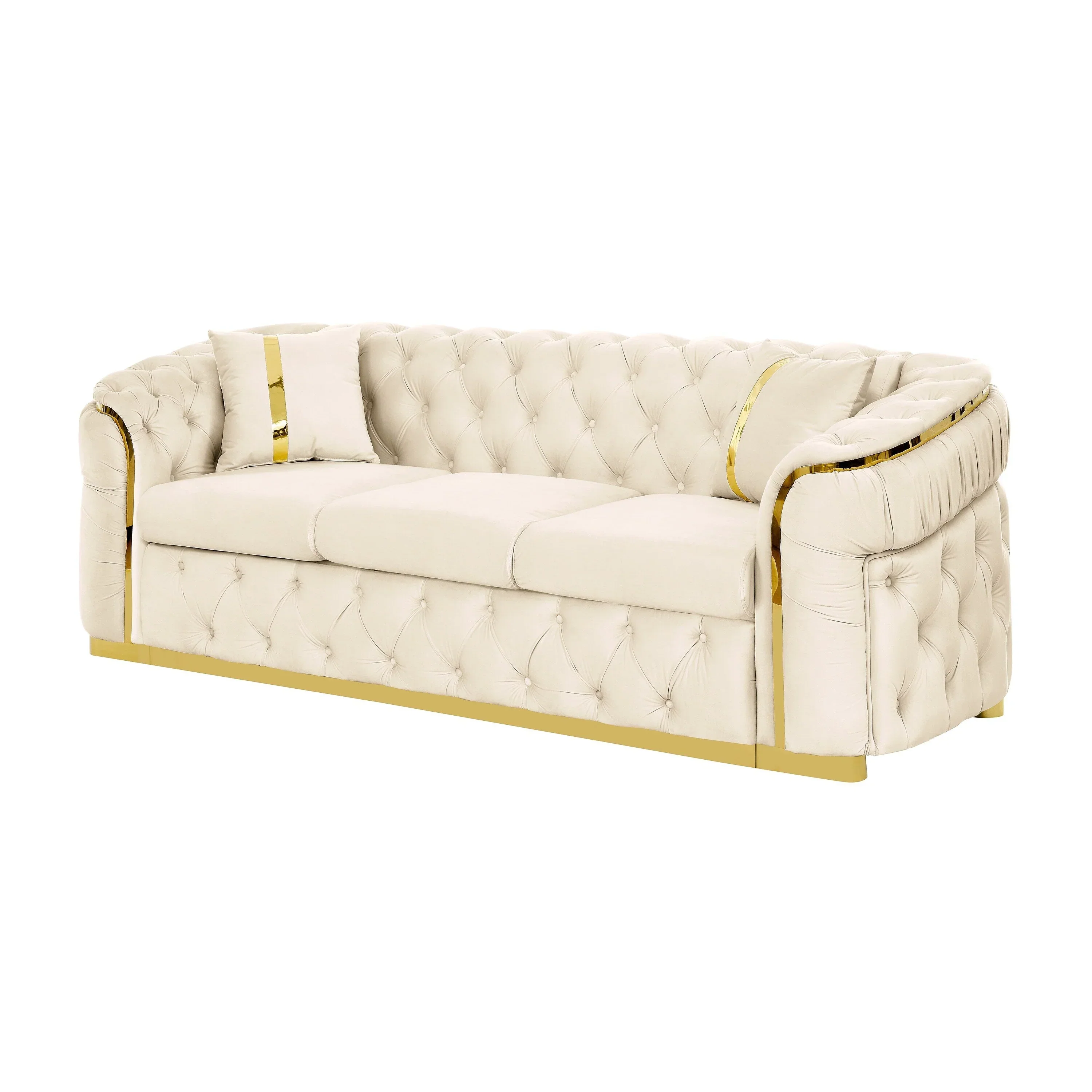 90.6 Velvet 3-Seater Sofa with 2 Pillows High-Density Cushions, Gold Accents, and Pillows