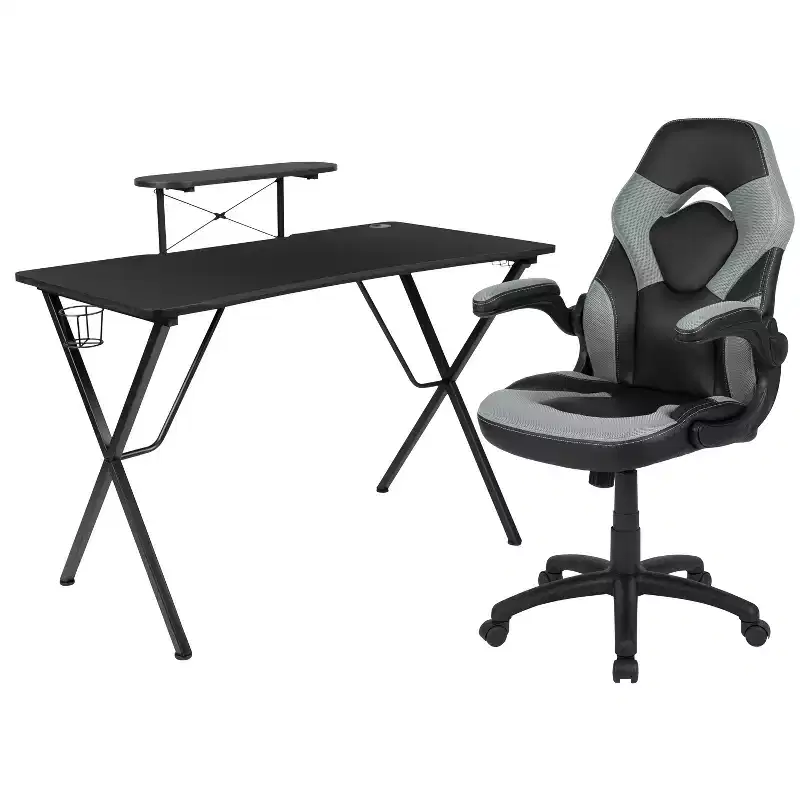Emma and Oliver Gaming Desk & Chair Set with Cup Holder, Headphone Hook, and Monitor Stand