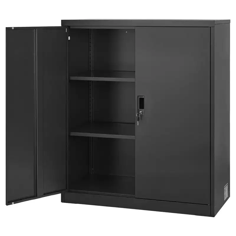 VEVOR Metal Storage Cabinet, 41.7 in Steel Garage Cabinet with 2 Adjustable Shelves, 2 Magnetic Doors & 2 Keys, 3 Tiers Lockable Tool Storage, Black