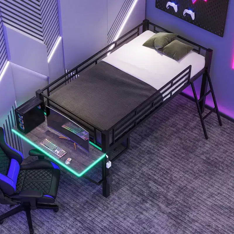 Full/Twin Size Loft Bed, Metal Gaming Bed Frame with Desk, Storage Shelves and LED Light, Black -ModernLuxe