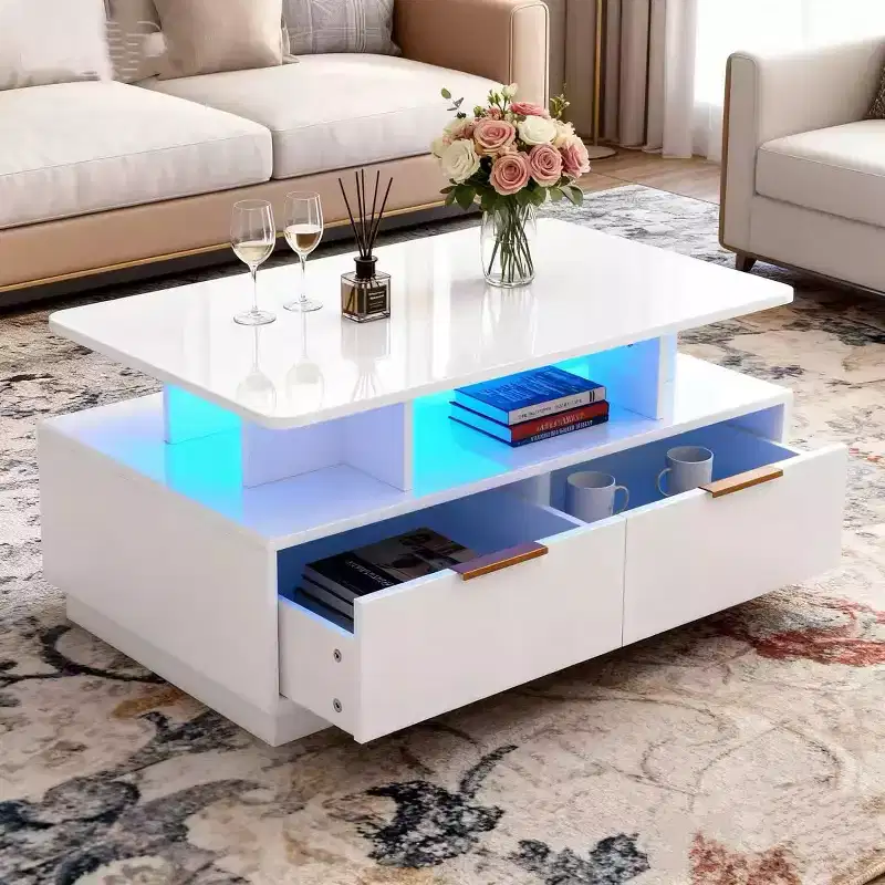 High-gloss coffee table, rectangular coffee table, adjustable color, 4 drawers and open shelving, 35-inch sofa table, suitable for living room.